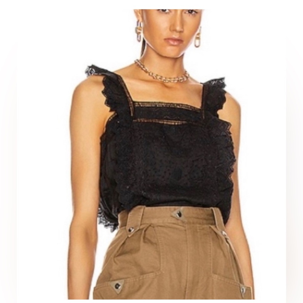 Frame Denim Black Lace Ruffled Square-Neck Tank